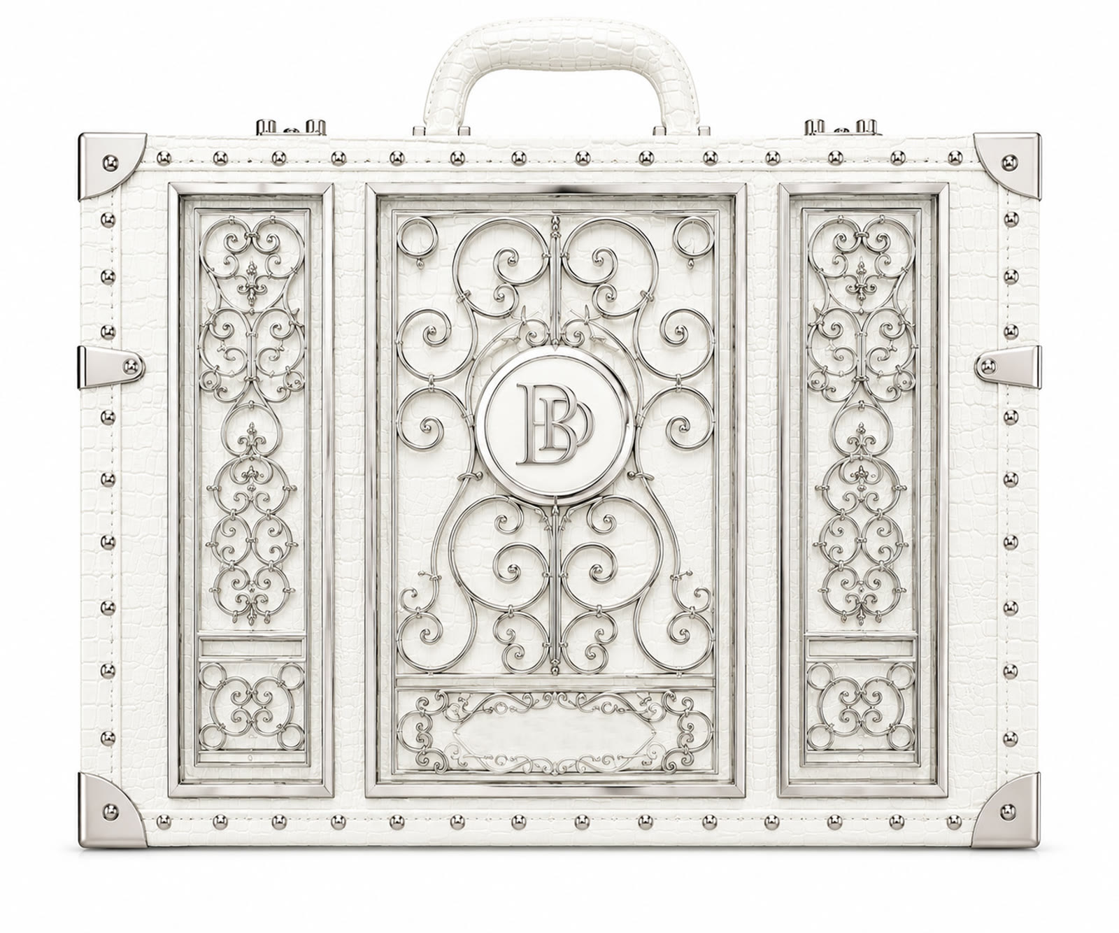 Concept render of the Cabinet back: three panels of silver scrollwork and a BD roundel