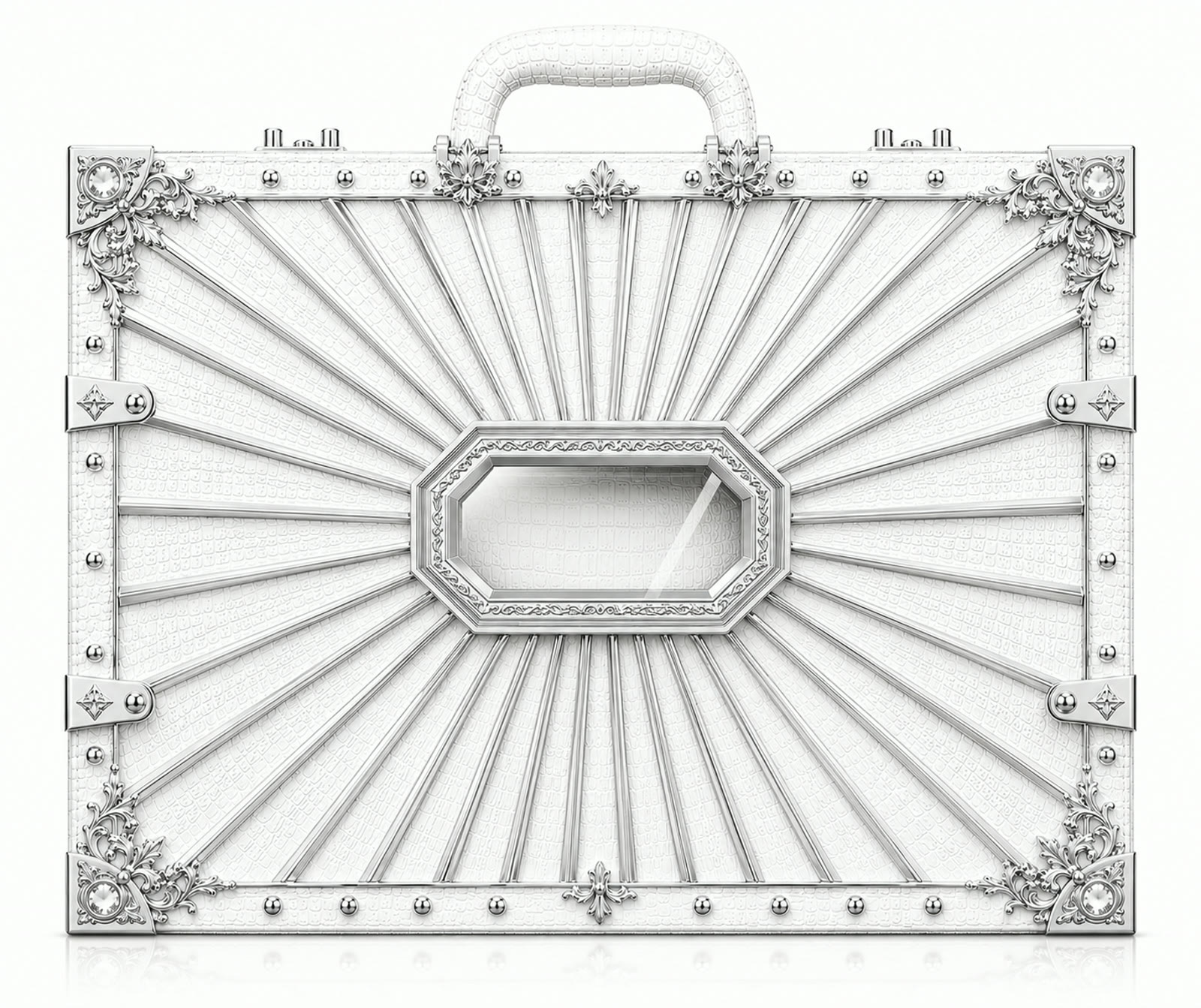 Concept render of the Cabinet front: white leather, silver sunray, glazed octagon
