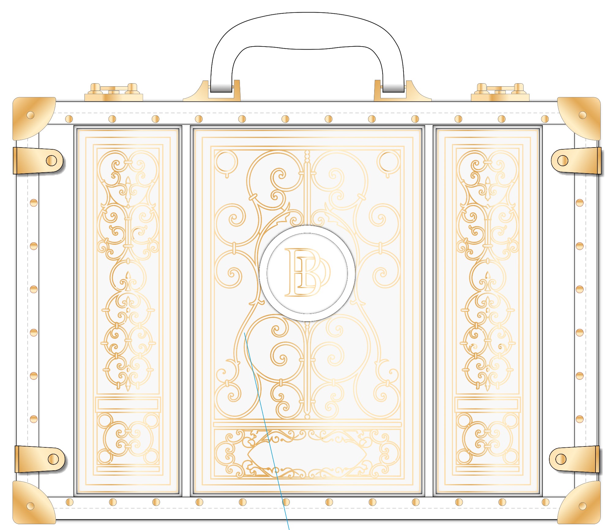 Drawing of the Cabinet, back: three panels of scrollwork around a BD roundel