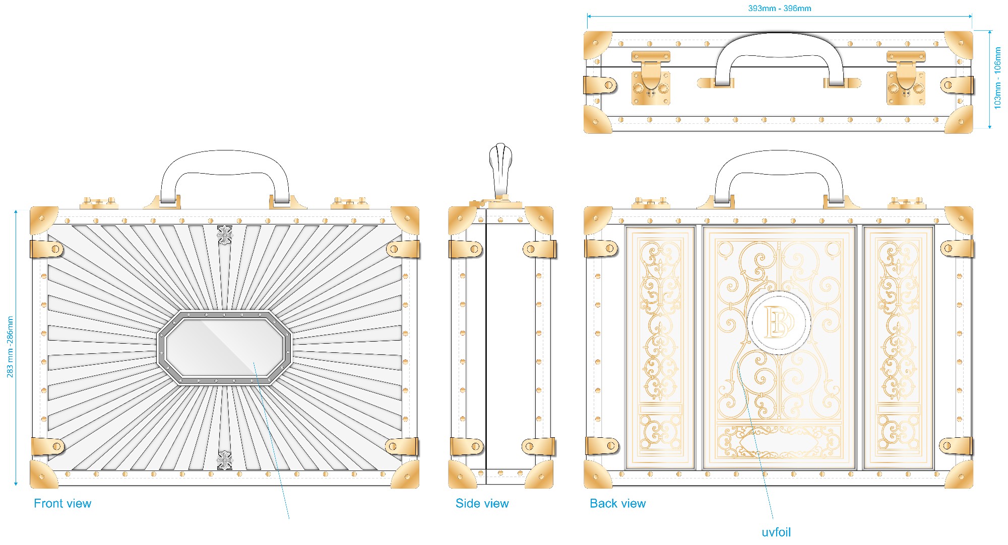 Front, side, top and back elevations of the Cabinet