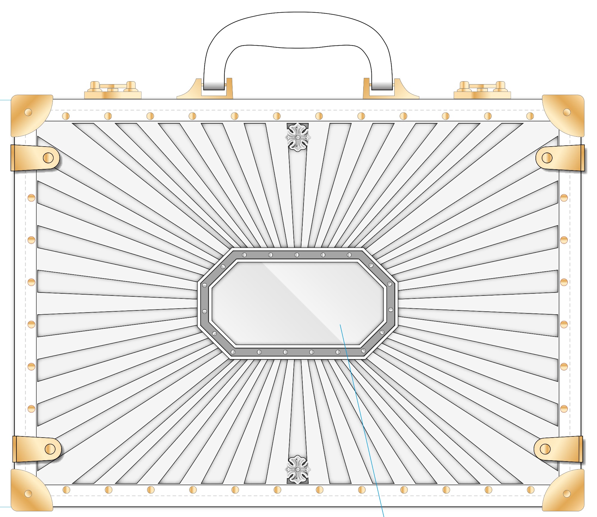 Drawing of the Cabinet, front: sunray relief around a glass octagon