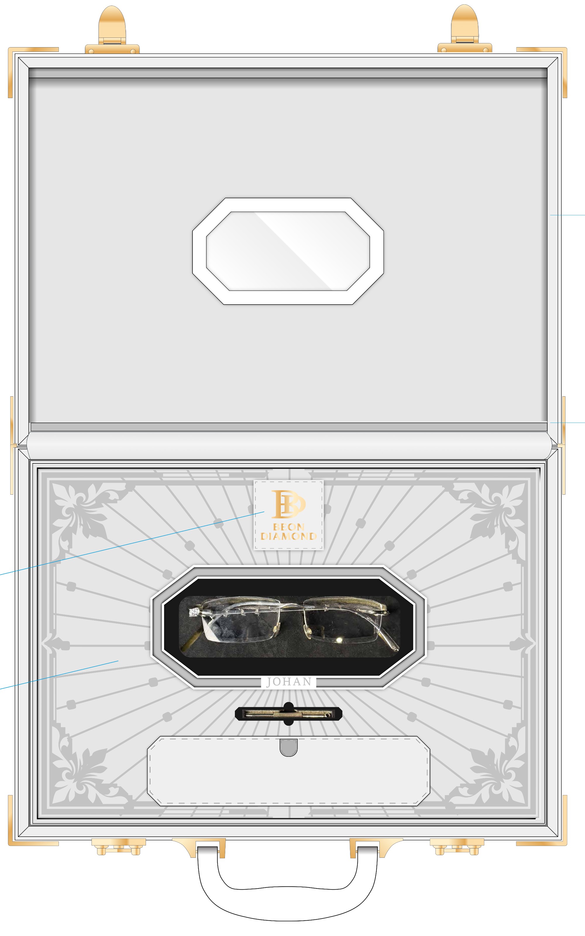 The Cabinet drawn open: glass window in the lid, glasses in an octagon seat, screwdriver below