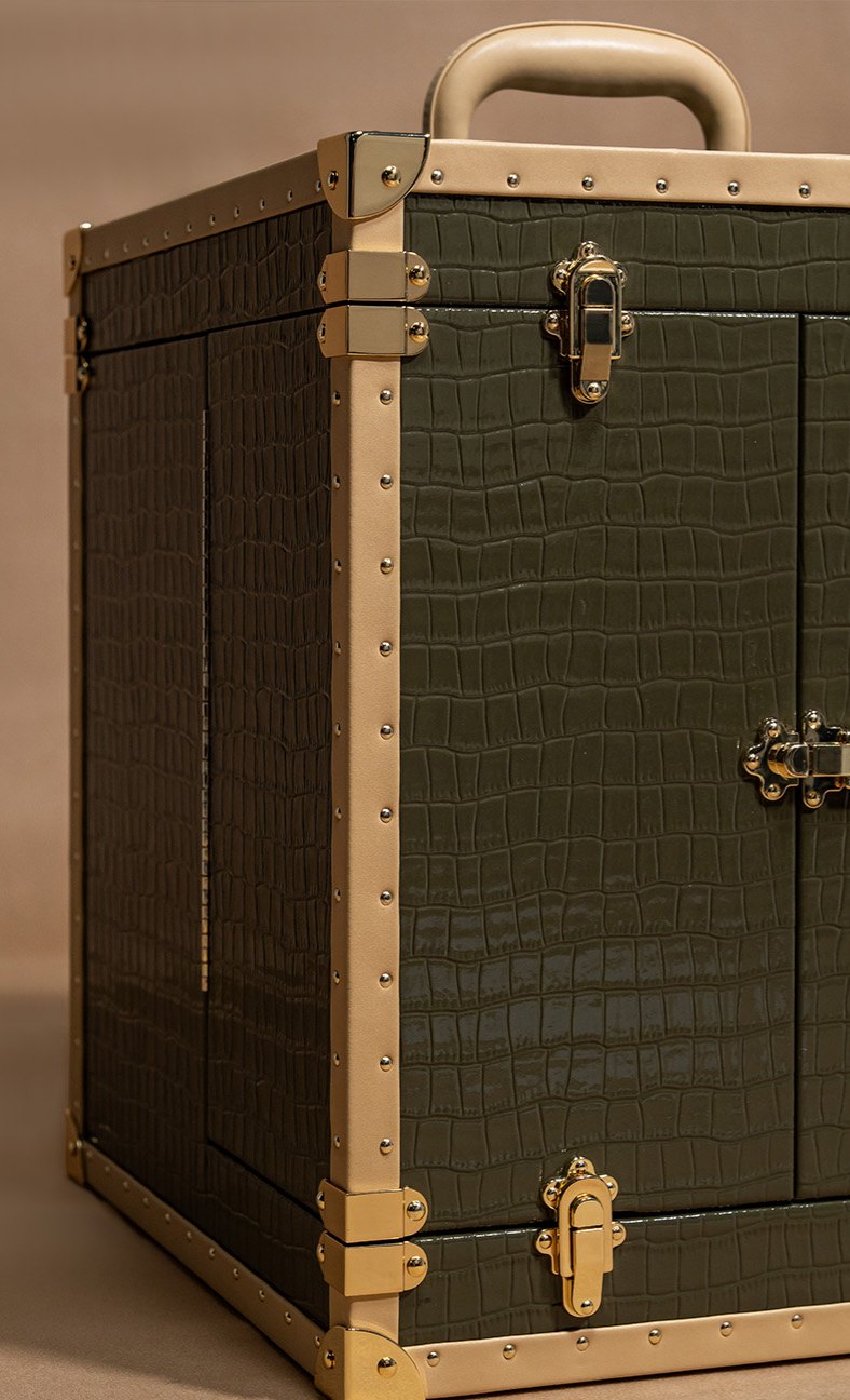 Close-up of real trunk hardware: corner caps, studs and clasps